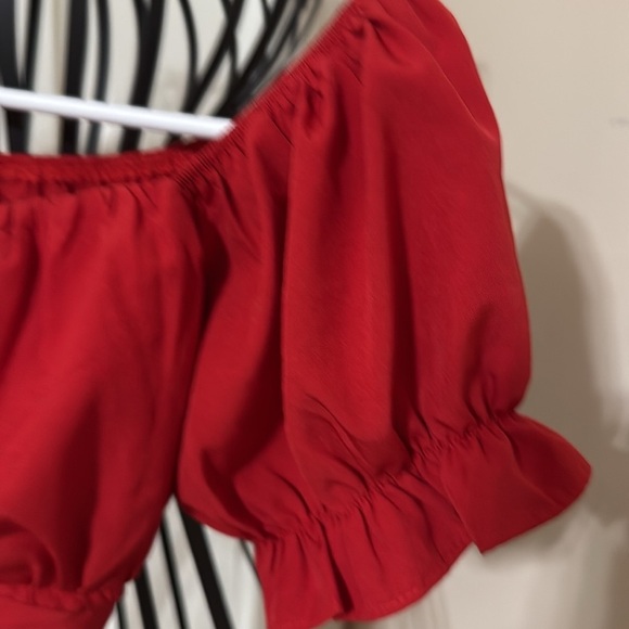 LYANER Women's Ruffle Short Sleeve Tie Up Back Crop Top Off Shoulder Blouse NWOT - Picture 7 of 8